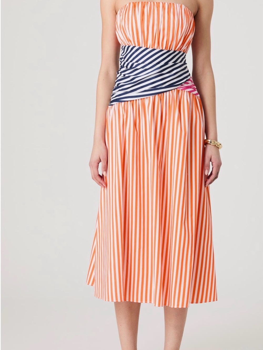French Connection Orange-and-White Striped strapless Midi dress